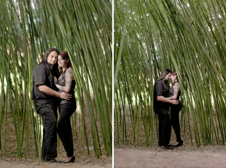 couple poses for engagement photos with markow photography in a bamboo garden