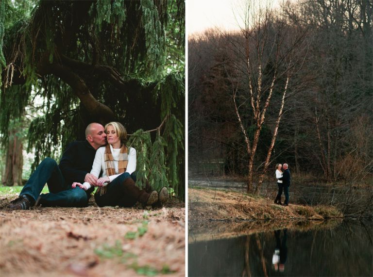 Couple poses in Holmdel Park during their engagement photo session with Monmouth County Wedding Photographers Markow Photography