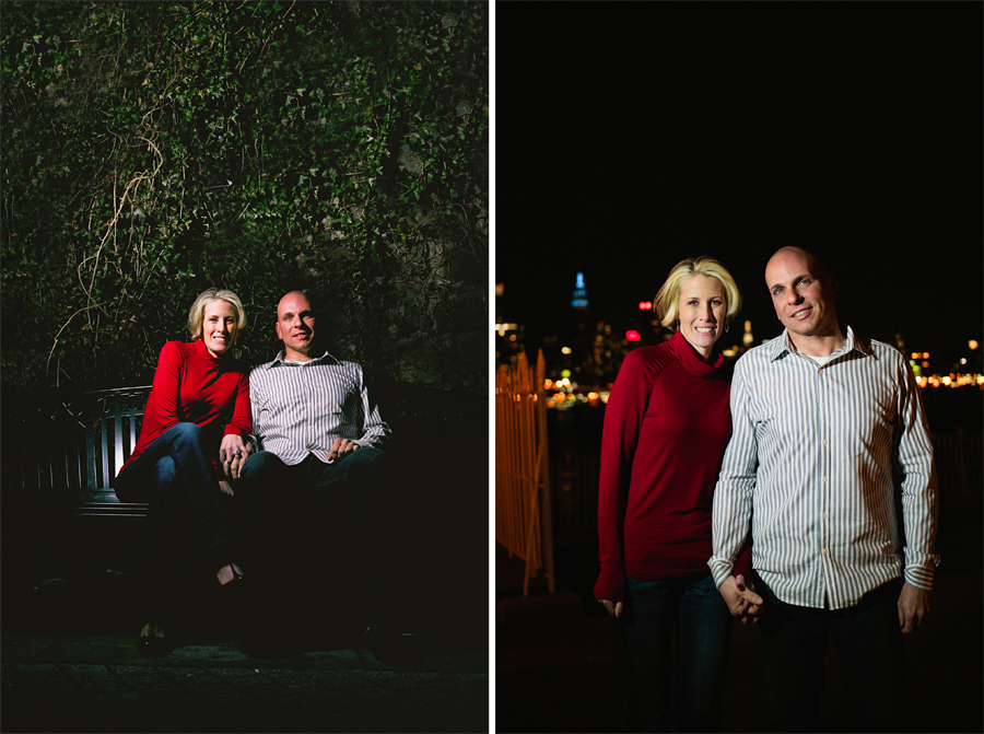couple sits on a bench during their engagement photo session with their monmouth county nj wedding photographers markow photography
