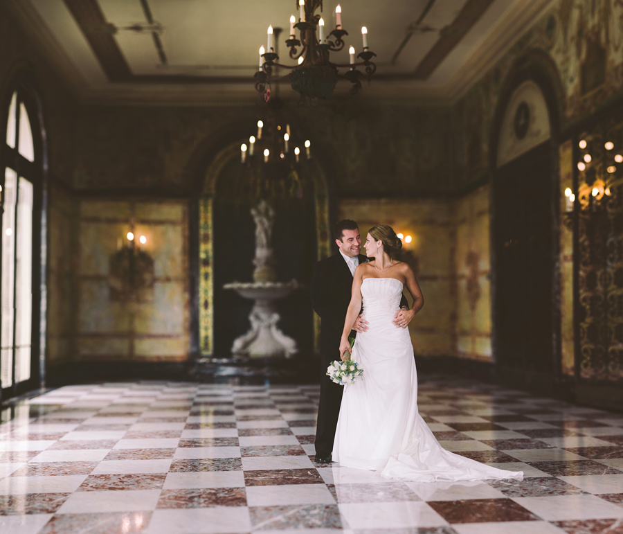 wedding portrait of bride and groom in wilson hall at monmouth university by monmouth county nj wedding photographers