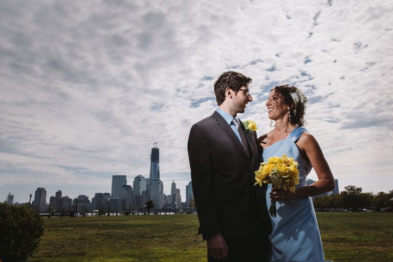 wedding photo in front of NYC skyline
