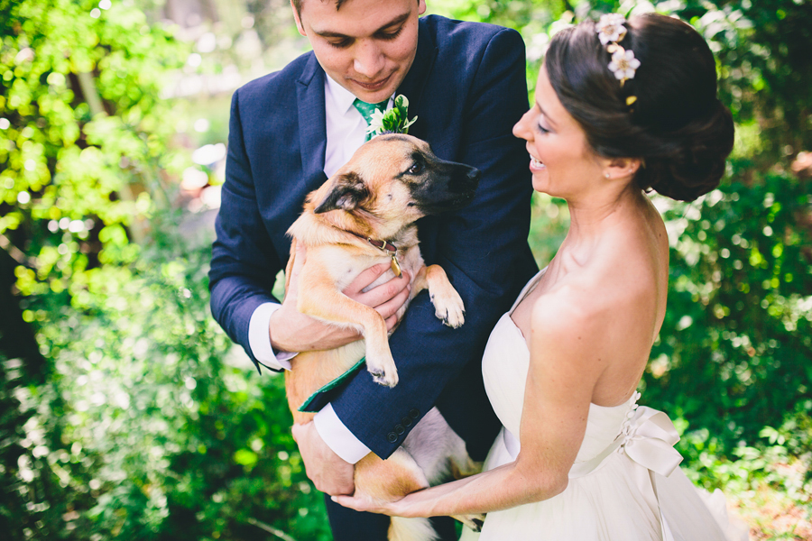 bride and groom with dog