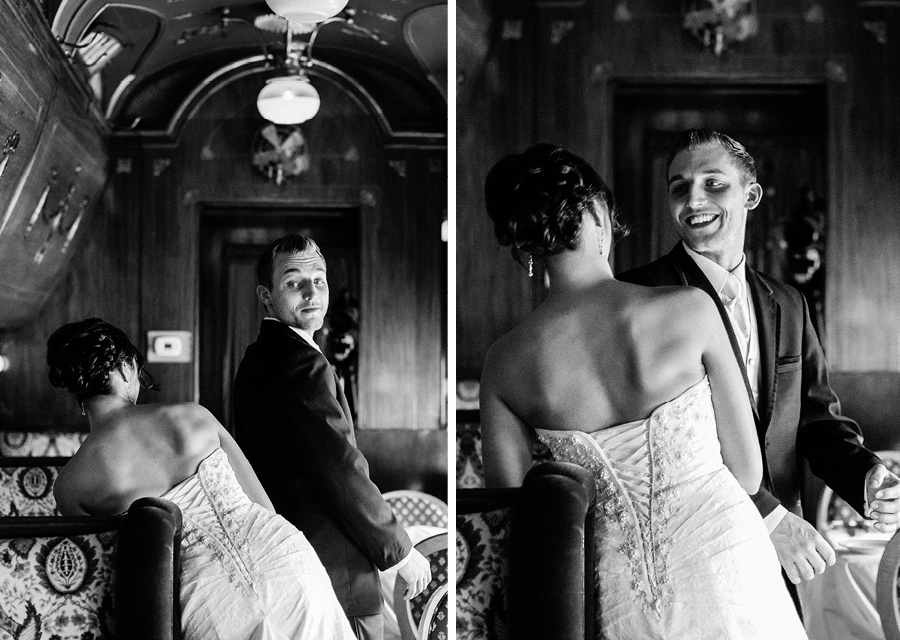 Madison Hotel Wedding first look in rail car