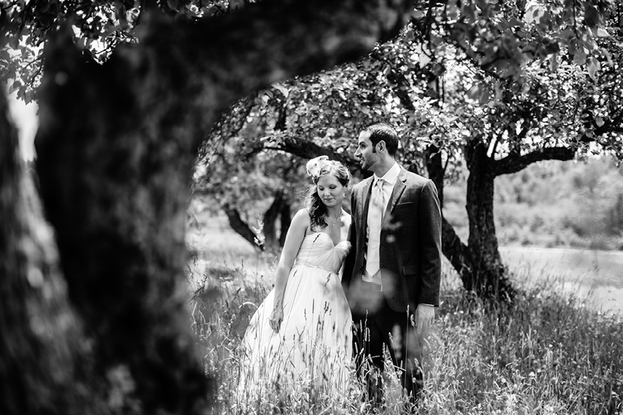 Black and white farm wedding portrait